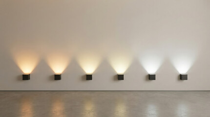 A row generic modern wall lamps showcasing warm to cool light variations in a minimalist lighting design.