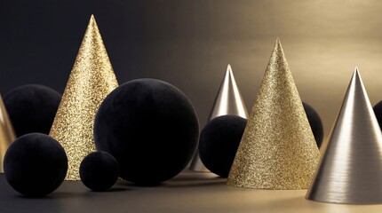 A collection of black balls and glittery gold and silver cones arranged on a dark background with a gradient of gold light