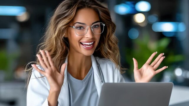 Female general practitioner in office with stethoscope smiling at camera while conducting a warm telemedicine consultation on laptop, offering professional remote medical advice