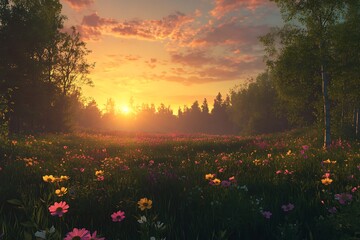 A peaceful sunset casting soft light over a field of blooming flowers in a tranquil forest, creating a serene moment steeped in natural beauty.