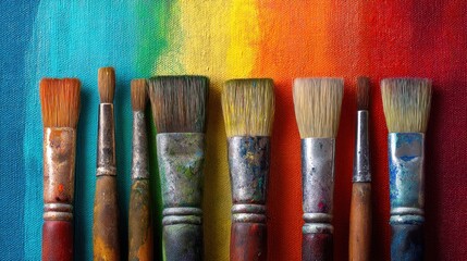 Fototapeta premium Colorful brushes aligned on vibrant rainbow background canvas.