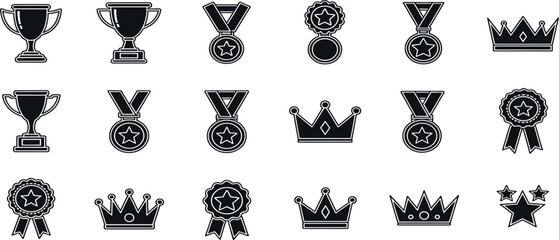 A collection of black achievement icons including trophies, medals, crowns, and ribbons displayed on a clean background from a straightforward viewpoint