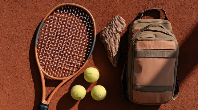 A flat lay of tennis racket, tennis bag, and tennis balls on a clay court background, offering a stylish and organized view of the essentials for tennis players.
