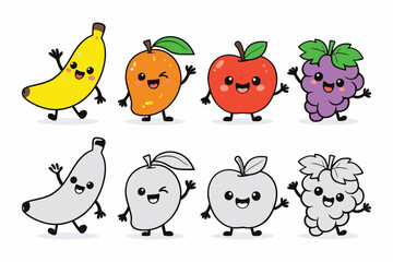 Fototapeta premium Happy cartoon fruit characters set banana apple mango grapes