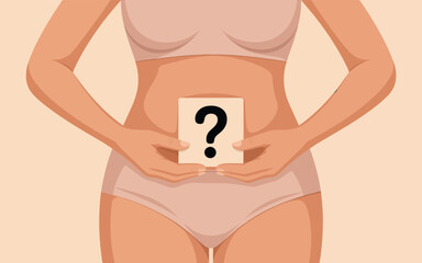 Woman holding pregnancy test with question mark in front of her abdomen