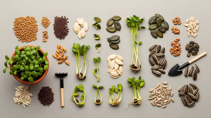 Variety of Microgreens and Gardening Tools Display.