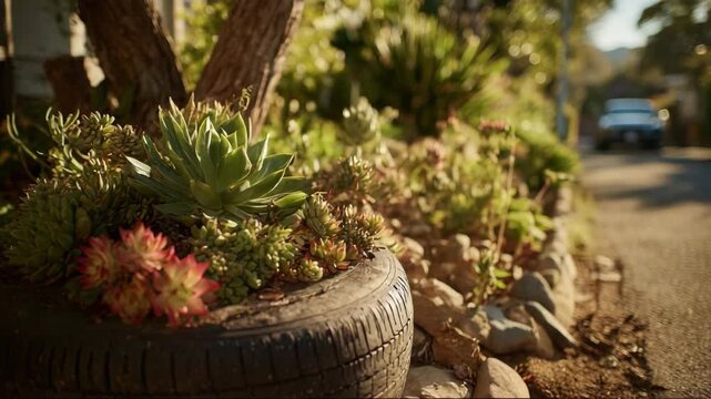 Succulent plants growing in recycled tire planter by the roadside  