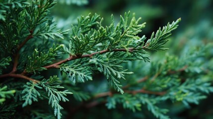 Close-up of lush green pine branch with needle-like foliage.