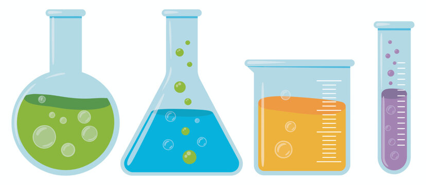 Laboratory glassware with vibrant solutions, chemistry beakers flasks test tubes illustration, science education research lab work web design visual concept