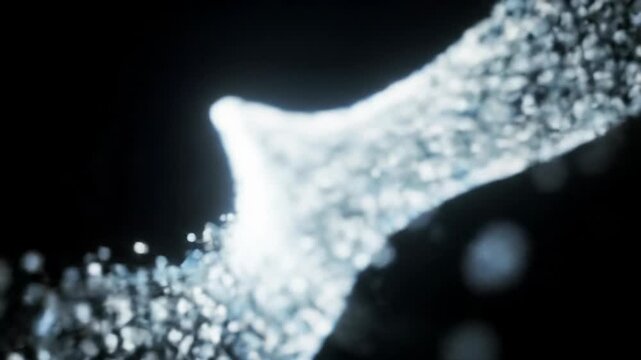 Iridescent luminous white and azure light particles form an evolving abstract shape in a pristine void with a dolly push-in and tracking video. Concept of profound aspiration