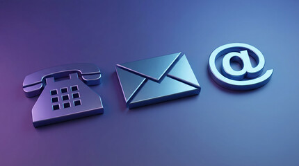 Metallic icons representing communication and contact methods with phone, mail, and email symbols on blue background