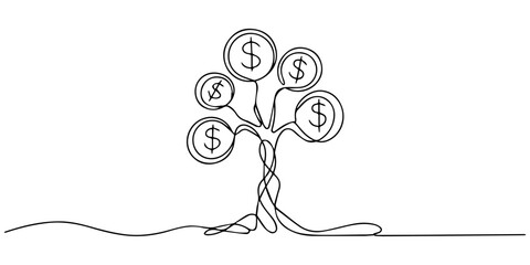 Continuous one line drawing of a plant sprout growing from a stack of coins, symbolizing financial growth and investment, Single continuous line drawing step of coins stacks, money, saving