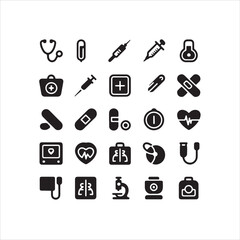 Fototapeta premium Minimalist black medical icons arranged in a grid, depicting stethoscope, syringe, pills, bandage, heart, microscope, thermometer, camera, clipboard, and diagnostic tools for healthcare interface.