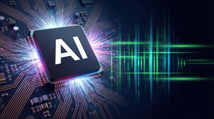 Advanced chip on a machine circuit board powering artificial intelligence with dynamic binary data streams flowing nearby