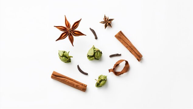Whole spice ingredients suspended in motion, cinnamon sticks, cardamom pods, and star anise