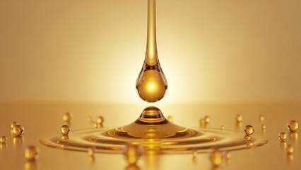 Golden liquid droplet falling into a surface reflecting radiance and purity
