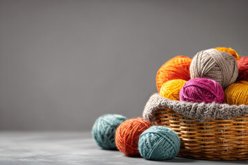 Balls of colorful yarn are overflowing from a wicker basket on a gray background, ready for knitting or crocheting projects