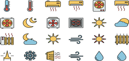 Collection of weather and climate icons representing various environmental elements and technological devices