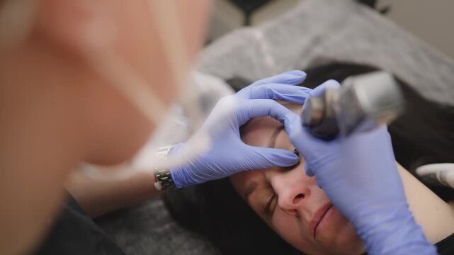 Skilled beautician in sterile gloves using a special tattoo machine to apply permanent eyeliner makeup to a woman's eyelid in a salon