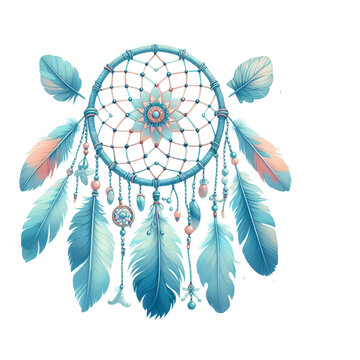 Dreamcatcher with blue and orange feathers isolated on transparent background
