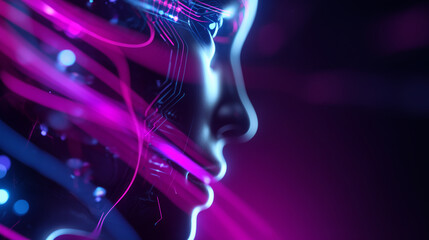 Futuristic neon cyborg portrait with glowing circuit lines, cyberpunk artificial intelligence concept for technology branding, sci fi posters and digital backgrounds