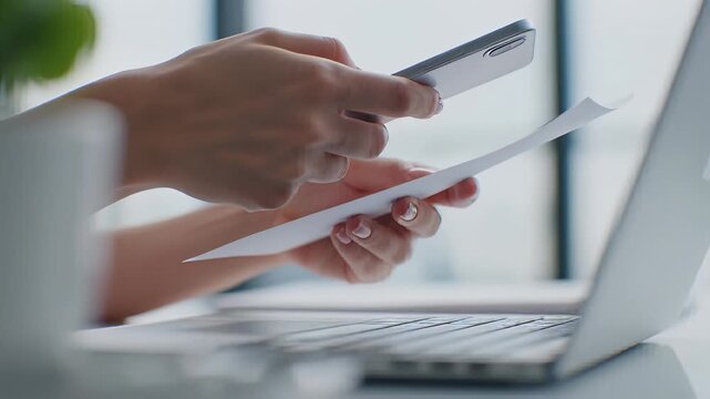 Close up of female hands scanning a paper bill with a smartphone app for mobile payment in a bright office, illustrating digital banking convenience.