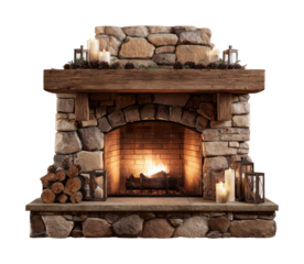 PNG Cozy rustic stone fireplace warmth.
