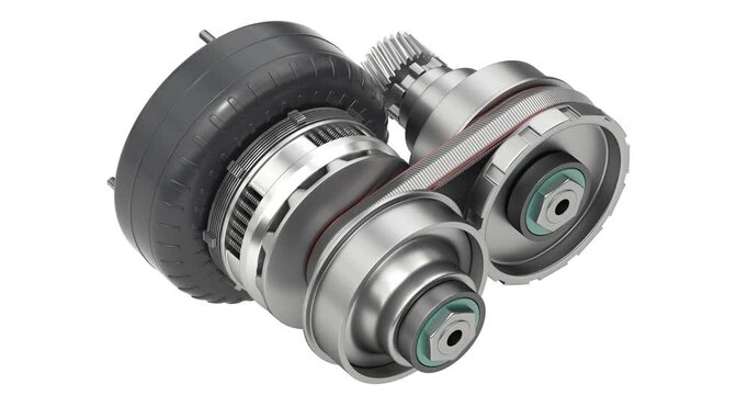 Continuously variable transmission (CVT) animation isolated on white background - 3D animation seamlessly loopable
