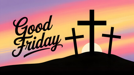 Good friday silhouette with three crosses at sunset