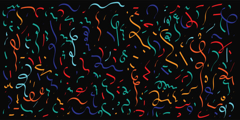 Obraz premium Birthday confetti seamless pattern background. Birthday decoration confetti, ribbon element, cute seamless pattern. Fun childish color abstract decoration element background. Vector illustration.
