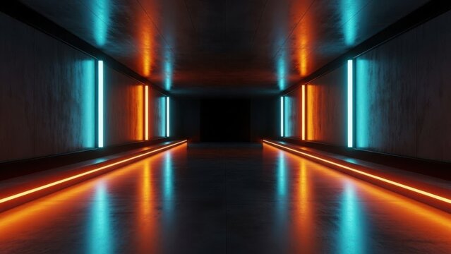 Neon illuminated futuristic corridor interior - Powered by Adobe