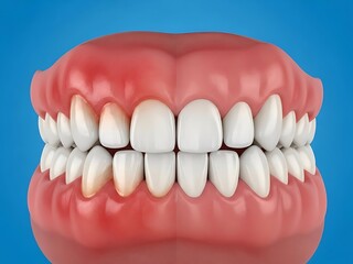 Obraz premium A close-up of human mouth with healthy white teeth and gums on a blue background from a front viewpoint