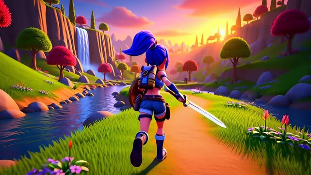 Female warrior on an adventure walking through a vibrant fantasy landscape with sword and shield at sunset, depicted in a cinematic 3D video game animation for RPG concepts.