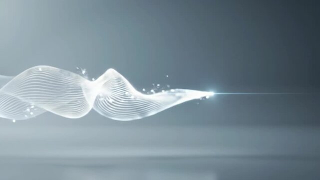 abstract light streaks from flowing particle elements drift fluidly across a pristine white studio background with high-key diffused lighting, slow dolly push-in. Corporate B2B aesthetic of