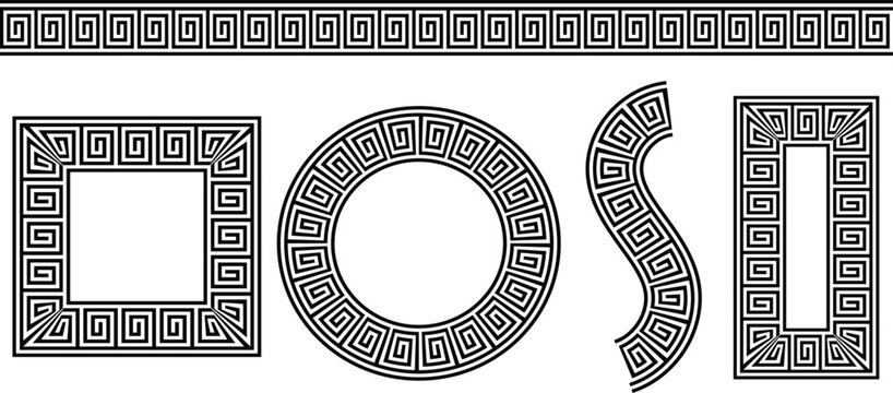 Bold Greek key meander patterns including rectangular frames and circular borders for luxury branding and classical decoration.