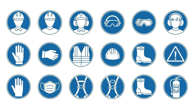 Set of blue circular mandatory personal protective equipment icons for industrial safety, including hard hat, eye protection, ear protection, and safety vest, in bright studio.