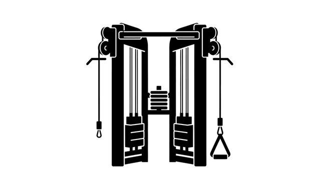 Silhouette icon of a cable crossover machine with handles, a gym strength training apparatus, on isolated white background.