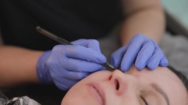 Professional microblading artist performing eyebrow tattoo correction