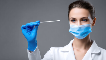 Doctor or nurse wearing a surgical mask and gloves, presenting a medical swab for diagnostic testing