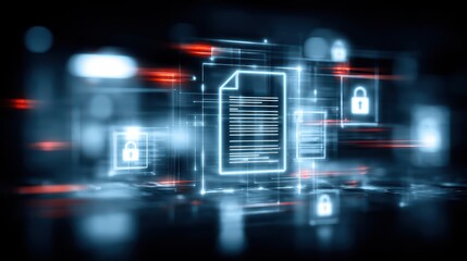 This scene captures management precision where secure contract and document glow protect confidential information