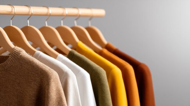 Contemporary Wardrobe Selection Process with Colorful Sweaters on Hangers