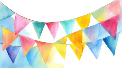 Colorful watercolor bunting flags against a white background.