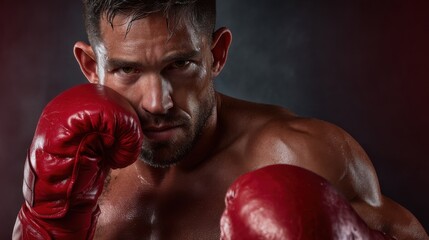 Determined male caucasian adult boxer posing with red gloves in dramatic lighting.