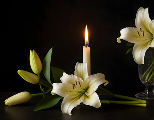 Beautiful lily and burning candle on dark background with space for text. Funeral white flowers. white lily on black background with candle burning