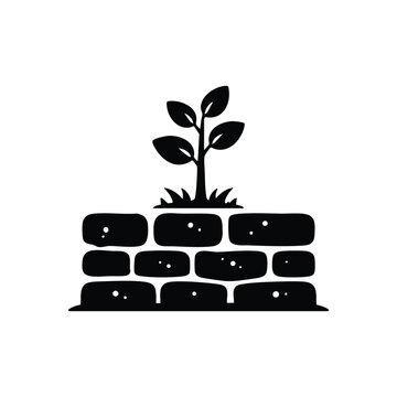 Black and white landscape vector young plant growing on stone wall minimal nature illustration