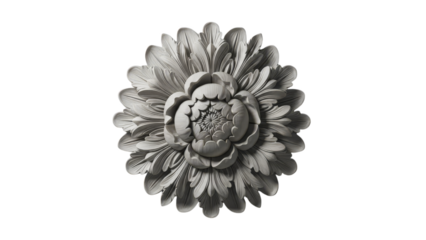 Intricately carved classical rosette ornamentation in monochrome, showcasing elegant floral design and detailed plasterwork for refined decorative art