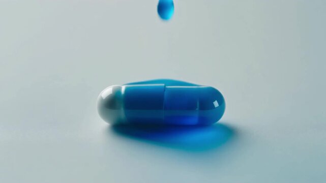 Firefly Close-up shot of capsule on smooth white surface, single blue liquid drop falling slowly ont