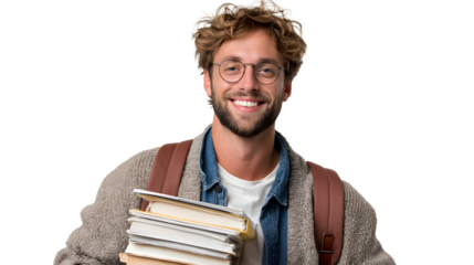 Smiling young man with glasses holding a stack of books and wearing a backpack