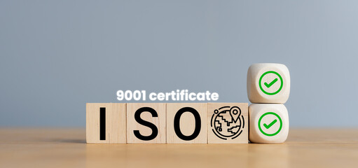 The ISO certification symbol represents a management system with quality assurance, safety control, environmental responsibility, and professional business concepts.