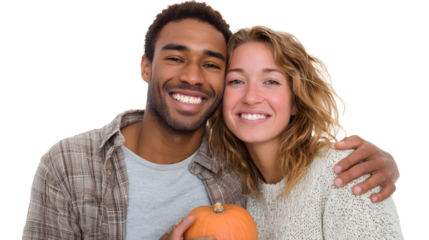 Happy diverse couple smiling with a pumpkin, celebrating autumn harvest and togetherness